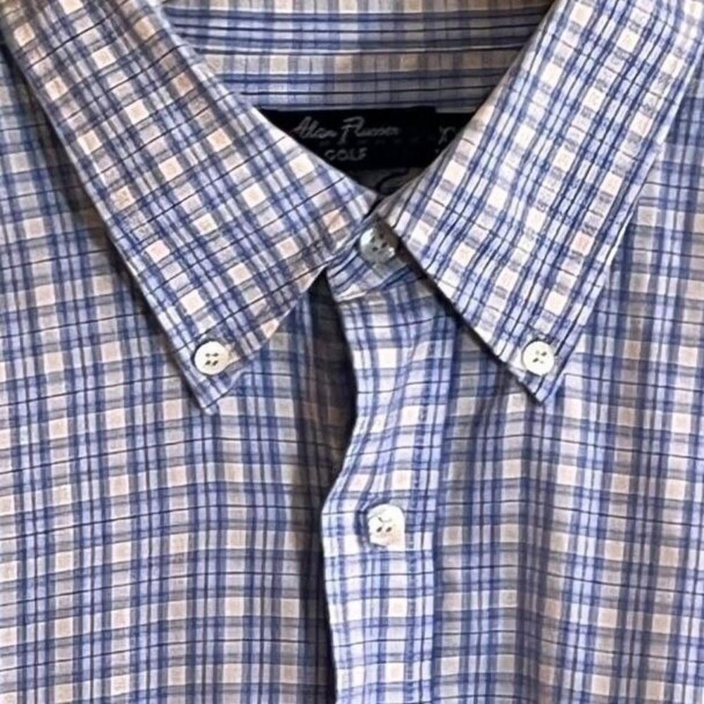 Alan Flusser Golf‎ Long Sleeve Button Down Blue Check Dress Shirt XXL Men's